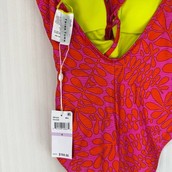 Trina Turk Trellis Plunge Vibrant Pink & Yellow One Piece Swimsuit Size 6 Luxury - Picture 4 of 5